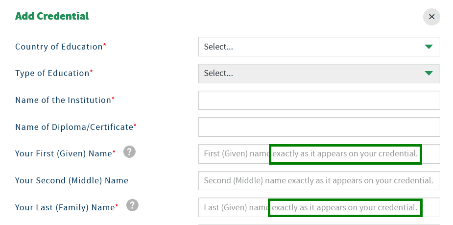 При добавлении диплома (Add Credential) указываем ту фамилию, которая указана в нем