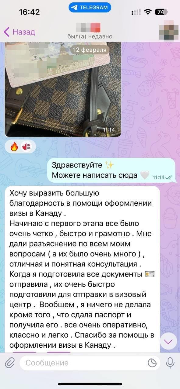 Скриншот отзыва и туристической визы клиента