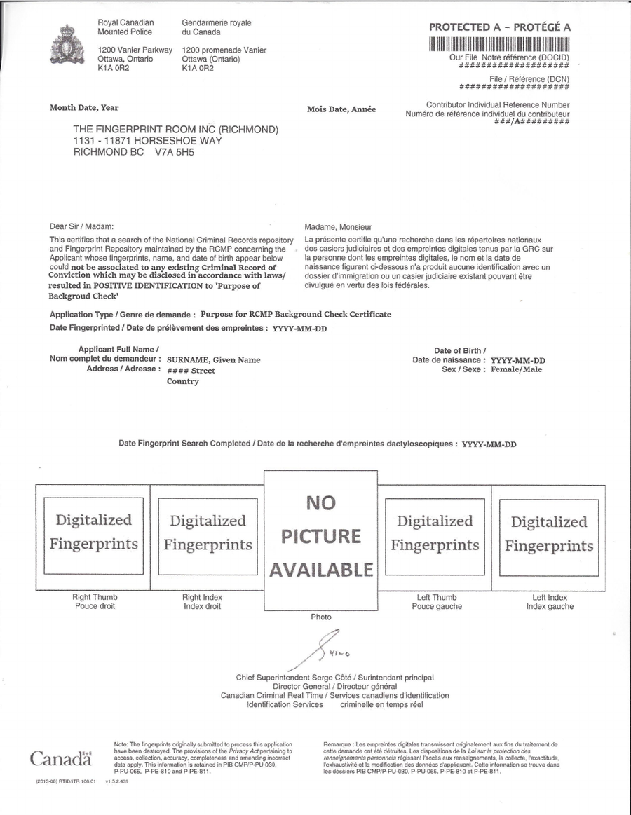 Образец канадской справки RCMP с условными персональными данными