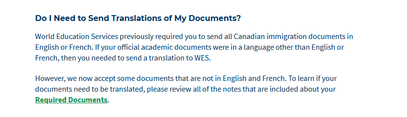 WES не требует перевод документов
