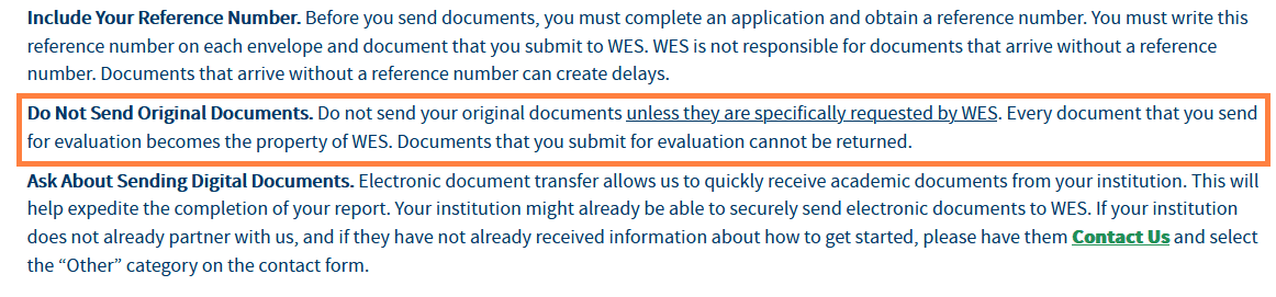 Требования WES не присылать оригиналы дополнительных документов