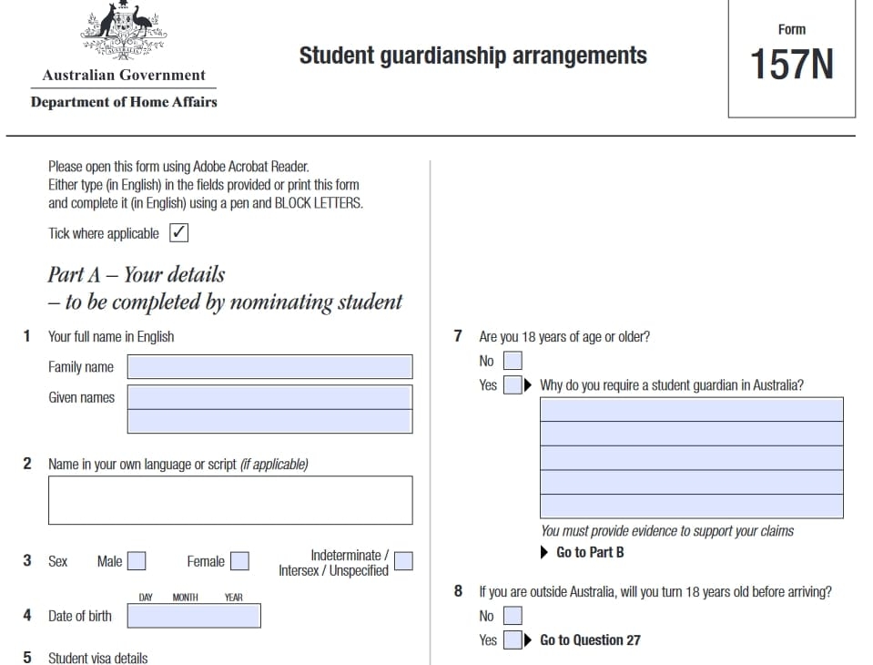 Форма 157N, необходимая при оформлении визы для опекуна студента в Австралии